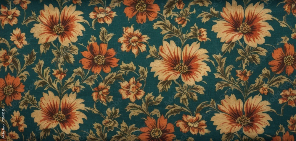  a close up of a flowery fabric with orange and yellow flowers on a teal background with leaves and flowers on the bottom of the top of the fabric.