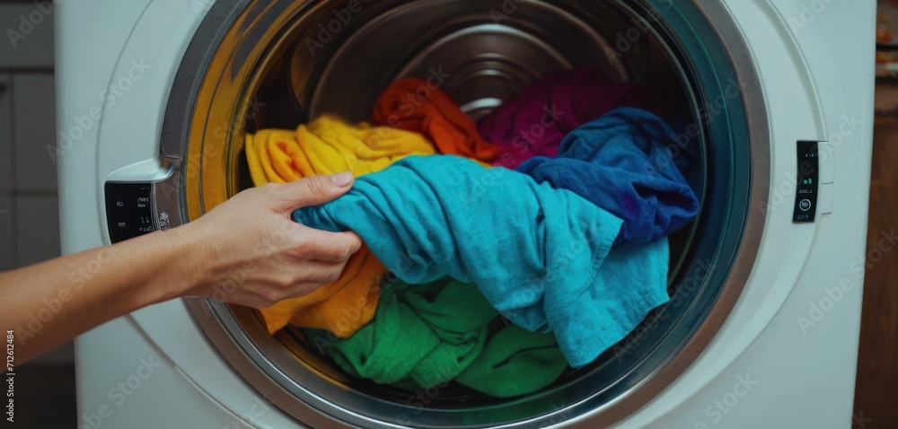 a person's hand is holding a cloth in the front of a washing machine that is filled with colorful towels and folded in front of the front of the washer. a person's hand is holding a cloth in the front of a washing machine that is filled with colorful towels and folded in front of the front of the washer.