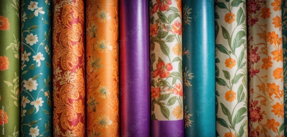 a close up of a bunch of different colored rolls of material with flowers and leaves on them, on a shelf in front of a wall of a store window. a close up of a bunch of different colored rolls of material with flowers and leaves on them, on a shelf in front of a wall of a store window.