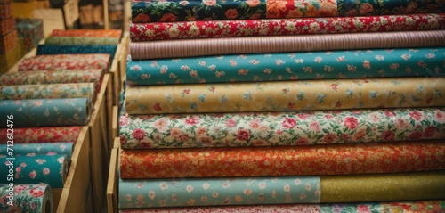  a close up of a bunch of fabric in a room with a shelf full of different colors and sizes of fabric on the floor and on the walls of the room.