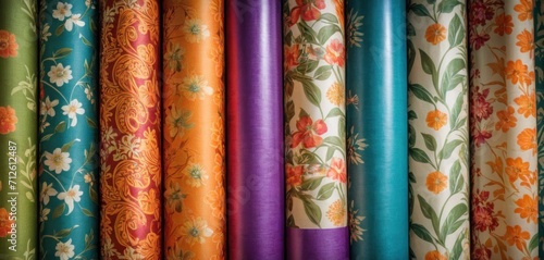  a close up of a bunch of different colored rolls of material with flowers and leaves on them, on a shelf in front of a wall of a store window.