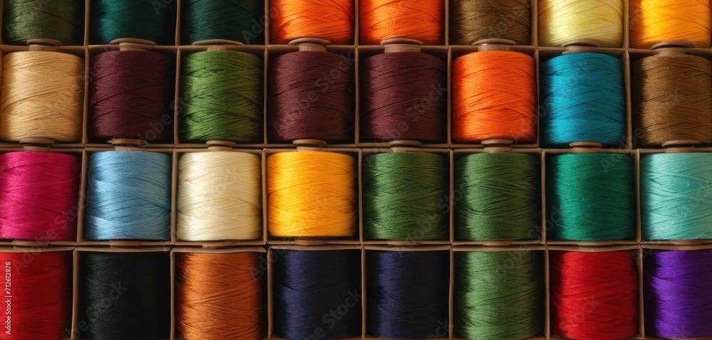 a bunch of spools of thread sitting next to each other on a wooden shelf in front of other spools of spools of spools of thread. a bunch of spools of thread sitting next to each other on a wooden shelf in front of other spools of spools of spools of thread.