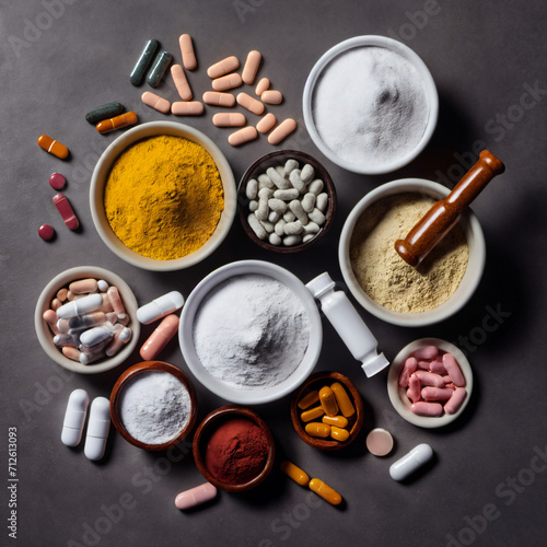 Contrast of Hope and Despair: Piles of Powder and Pills - A Thought-provoking Image Capturing the Ambiguity between Narcotics and Medications, Reflecting the Duality of Substance Use and Healing.