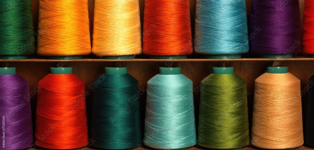 a row of spools of multicolored thread sitting on top of a wooden shelf in front of a row of other spools of spools of spools of multicolored spools. a row of spools of multicolored thread sitting on top of a wooden shelf in front of a row of other spools of spools of spools of multicolored spools.