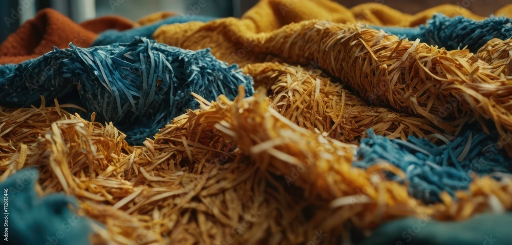 a pile of blue and yellow yarn sitting on top of a pile of orange and blue yarn on top of a pile of brown and blue and yellow yarn on top of brown cloth. a pile of blue and yellow yarn sitting on top of a pile of orange and blue yarn on top of a pile of brown and blue and yellow yarn on top of brown cloth.