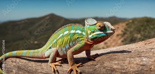  a green and blue chamelon sitting on top of a tree branch with mountains in the backgrounnd of the picture and a blue sky in the background. photo