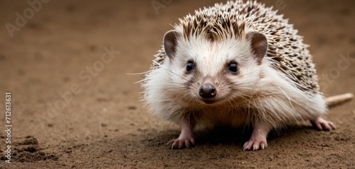  a close up of a hedgehog on a dirt ground with it's front paws on the ground and it's back end of it's head.