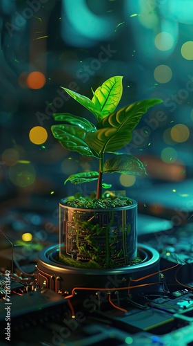 Tree growing on the converging point of computer circuit board. Green computing, technology, IT, CSR, and IT ethics. Concept of green technology. AI generated illustration