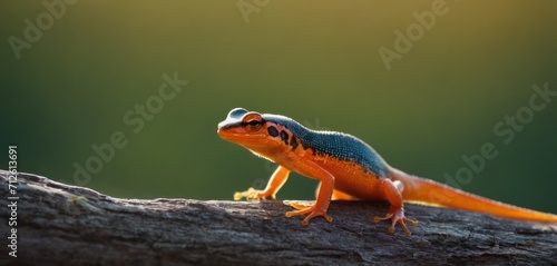  an orange and blue gecko sitting on top of a tree branch in front of a blurry background of green grass and a tree branch in the foreground.