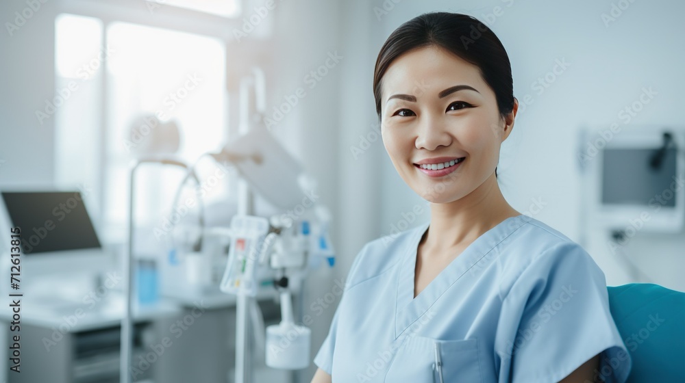 A close-up portrait of a smiling Asian nurse, holding a syringe A close-up portrait of a smiling Asian nurse, holding a syringe