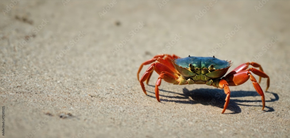 a close up of a blue crab on a beach with a shadow of it's head on it's back and a blue body on its back legs. a close up of a blue crab on a beach with a shadow of it's head on it's back and a blue body on its back legs.