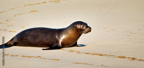  a seal sitting on a sandy beach next to a line of tracks in the sand with seaweed on the bottom and bottom of the seal on the top of it's head.