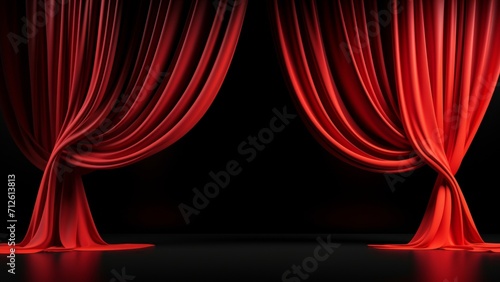 Glossy black stage with vibrant red silk drapes in background, Premium showcase mockup template for Beauty, Cosmetic, Luxury products, with copy space for text