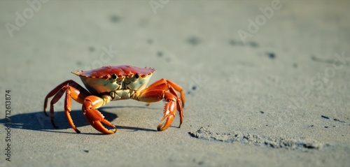  a close up of a crab on a beach with footprints in the sand and one of the crabs is facing the camera and the other crab is facing the camera. photo
