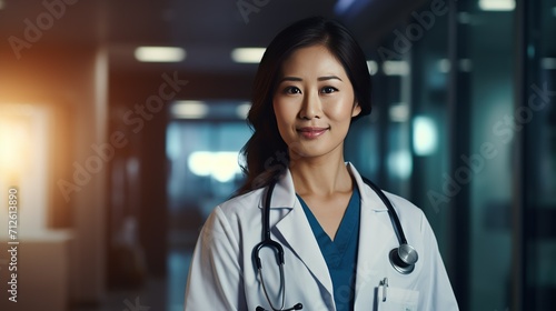 A close-up portrait of an Asian female doctor with a reassuring smile