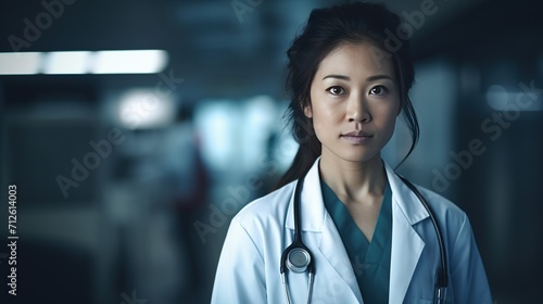 A close-up portrait of an Asian female doctor