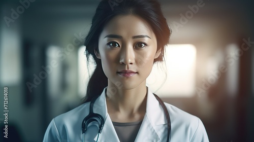 A close-up portrait of an Asian female doctor