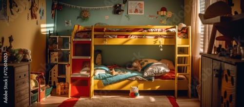 Playful  colorful children s bed with bunk bed in the bedroom