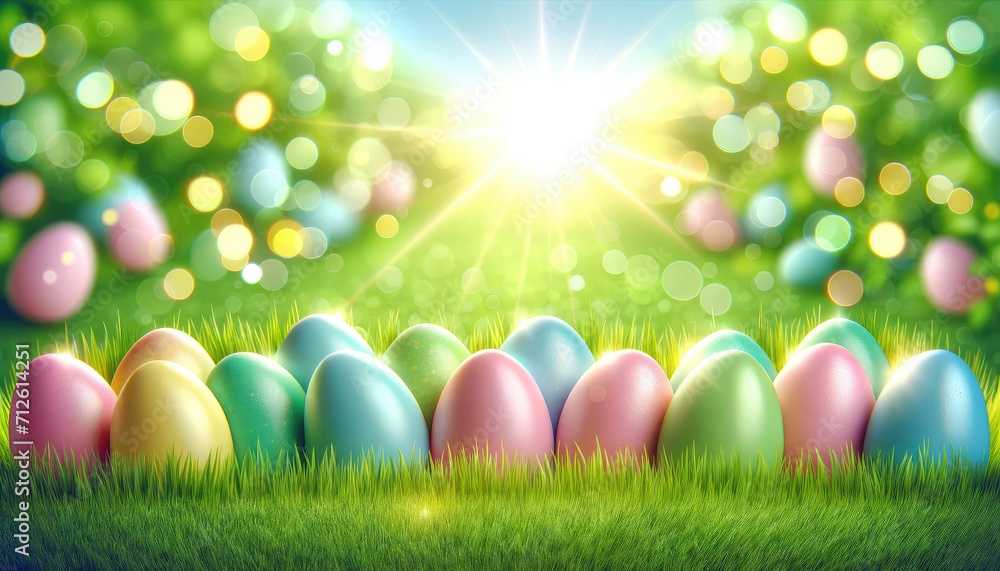 Easter eggs on green grass on a sunny spring day - Easter background with copy space for text