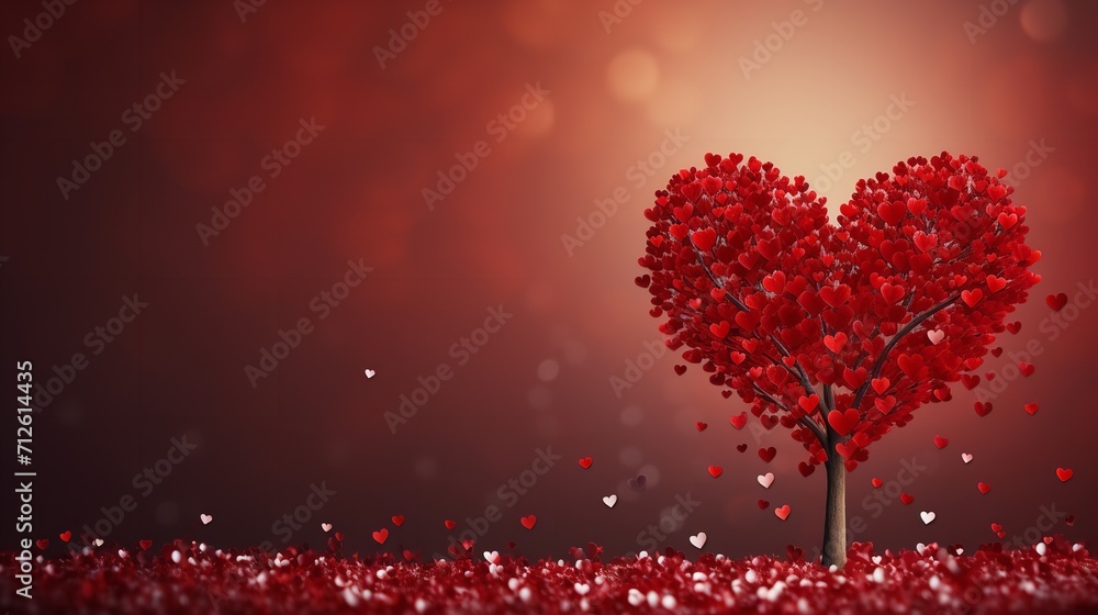 Heart-shaped tree with copy space on a crimson wedding backdrop, Generative AI.