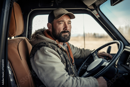 Portrait of truck driver man sitting in vehicle cabin