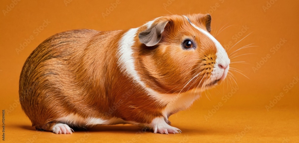  a brown and white guinea pig sitting on top of a brown floor next to an orange background with a white stripe on the top of the guinea pig's head.