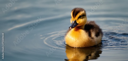  a duck floating on top of a lake next to a body of water with a reflection of it's head on the water's back end of the duckling. photo