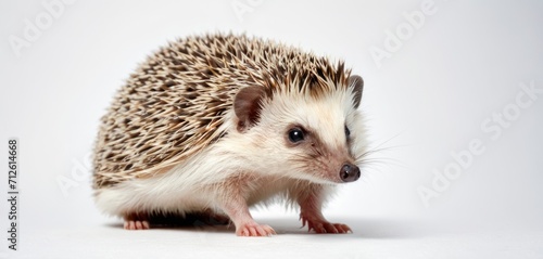  a close up of a small hedgehog on a white background with a white background and a small hedgehog on the right side of the hedgehog is looking at the camera.