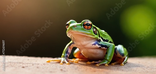  a green and black frog sitting on top of a piece of wood and looking at the camera with a blurry background of green and brown leaves in the background.