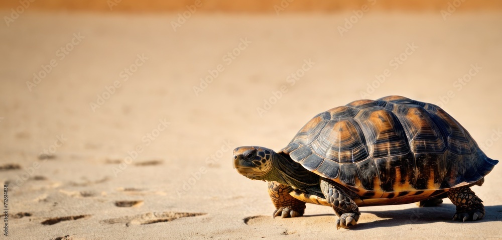  a close up of a small turtle on a sandy surface with footprints in the sand and one turtle is facing the camera and the other turtle is facing away from the camera.
