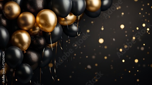 Holiday celebration with present boxes, confetti, and black and gold balloons on a dark background, Generative AI.