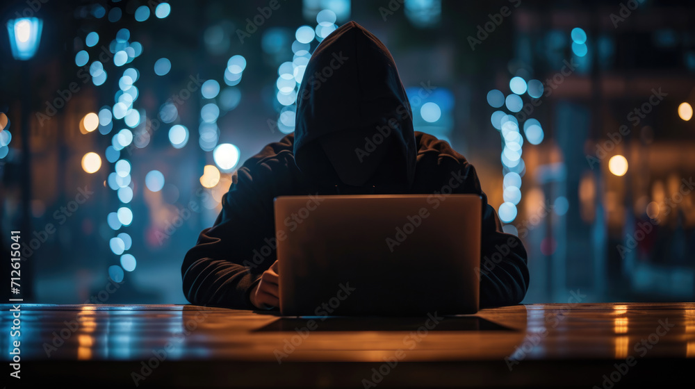 Silhouette of a mysterious figure in a hoodie, facing away from the camera, illuminated by the blue light of a laptop screen in a dark room Silhouette of a mysterious figure in a hoodie, facing away from the camera, illuminated by the blue light of a laptop screen in a dark room