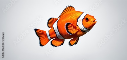  an orange fish with a white stripe on it's body and a black and white stripe on it's body, floating in the air, with a gray sky in the background.