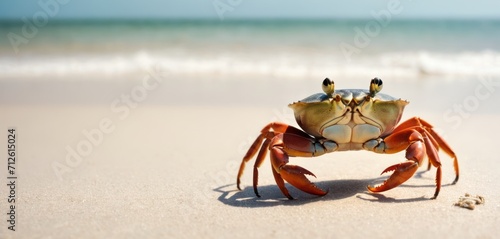  a close up of a crab on a beach with a body of water in the background and two birds perched on top of the crab's back of the crab. © Jevjenijs