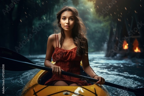Young woman kayaking on lake © Alina