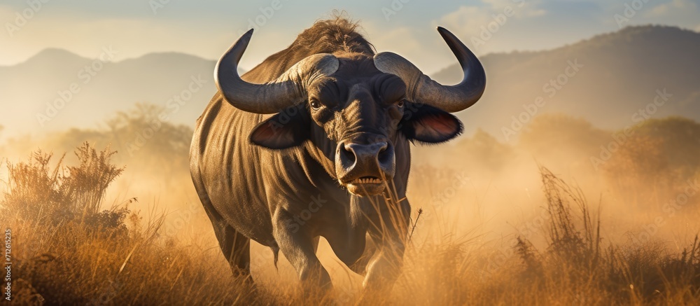 An African buffalo smelling the air in an open area. An African buffalo smelling the air in an open area.