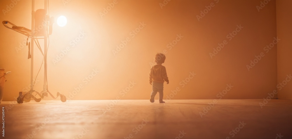 a small child standing in front of a light in a room with a chair and a lamp on the side of the room and a chair in front of the room. a small child standing in front of a light in a room with a chair and a lamp on the side of the room and a chair in front of the room.