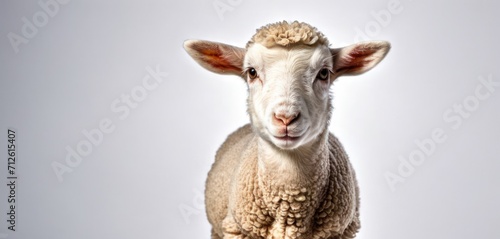 a close up of a sheep's face with a white background in the foreground and a light gray background in the background, with a soft shadow of the sheep's head.