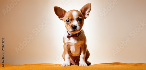  a small brown and white dog sitting on top of a yellow blanket in front of a white wall with a blue tag on it's collar, looking at the camera. © Jevjenijs