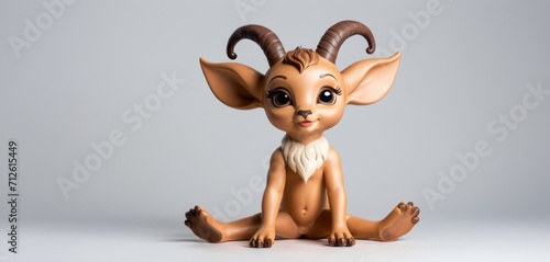  a figurine of an animal with horns sitting on a white surface and looking at the camera with a surprised look on it s face  on a gray background.