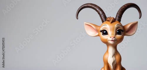  a small figurine of a deer with horns on it's head, sitting on a white surface in front of a gray background with a gray backdrop. © Jevjenijs