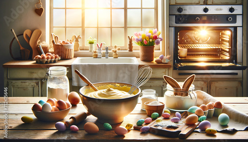 Cuisine avec œufs en chocolat, lapin en chocolat, peint et coloré pour les fêtes de paques image idéale pour illustrer et célébrer paques	 photo