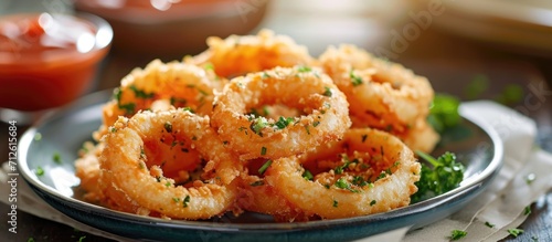Savory onion rings on plate with sauce.