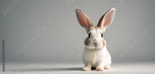  a brown and white rabbit sitting in front of a gray background and looking at the camera with a sad look on its face and ears  with one eye wide open.