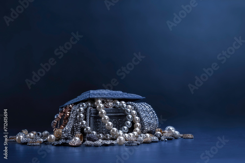 Various jewels in a silver box on black background photo