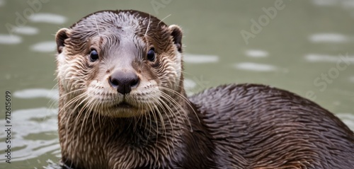  a close up of a wet otter in a body of water with it's head above the water's surface and it's head looking at the camera.