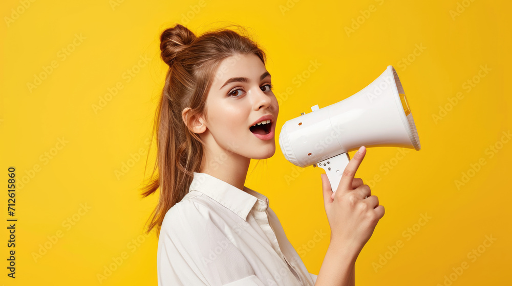 Woman is joyfully shouting into a megaphone against a vibrant colored background. Woman is joyfully shouting into a megaphone against a vibrant colored background.