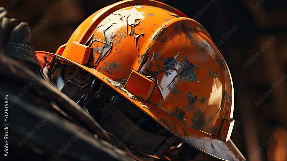 Fototapeta premium close-ups of construction helmets, highlighting intricate details such as scratches, dirt and wear. This adds to the story of the construction worker's experiences