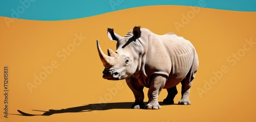  a white rhino standing in the middle of a desert with a blue sky in the background and a yellow sand dune in the foreground with a blue sky in the background.