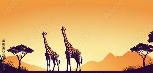  a couple of giraffe standing next to each other in front of a sunset with trees and mountains in the background and a yellow sky with no one giraffe in the foreground.